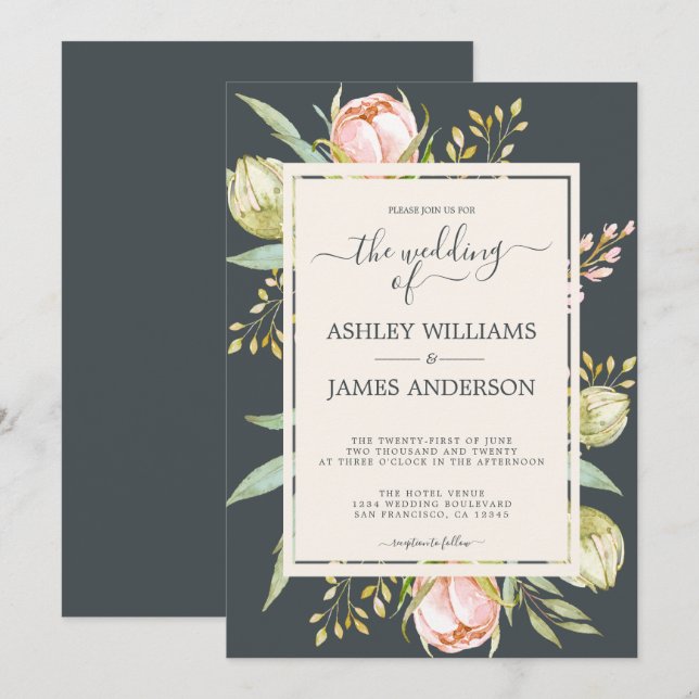 Invitation Chic Floral rose Peony Botanical Off-black Mariage (Devant / Derrière)
