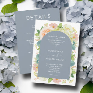 Invitation Chic Florals Mariage tout en un Dusty bleu