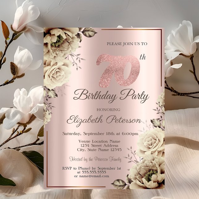 Invitation Chic Flowersf Rose Gold 70e anniversaire (Créateur téléchargé)