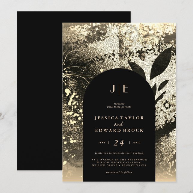Invitation Chic Foil Faux Gold Botanical Abstrait Mariage (Devant / Derrière)