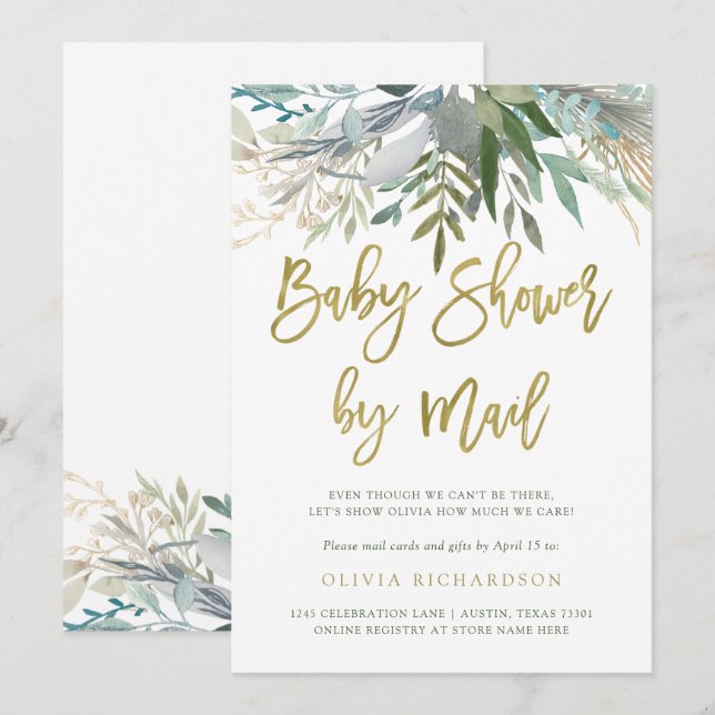 Invitation Chic Foliage| Baby shower par script Gold du courr (Devant / Derrière)
