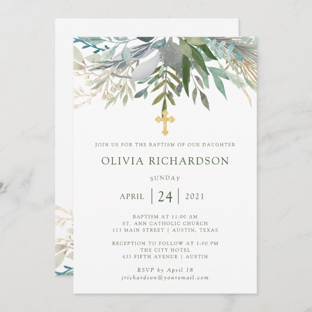 Invitation Chic Foliage | Baptême avec Croix d'or (Devant / Derrière)