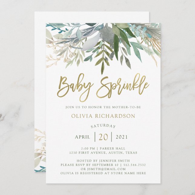 Invitation Chic Foliage| Bébé saupoudré avec un script d'or F (Devant / Derrière)