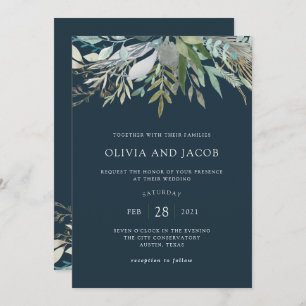 Invitation Chic Foliage  Mariage bleu foncé