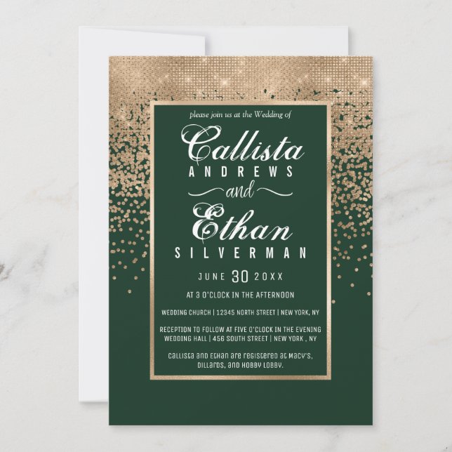 Invitation Chic Forest Green Gold Parties scintillant Confett (Devant)