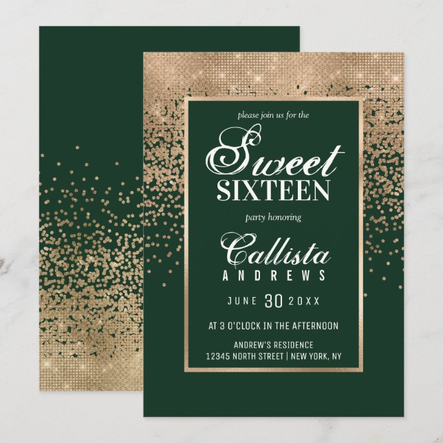 Invitation Chic Forest Green Gold Parties scintillant Confett (Devant / Derrière)
