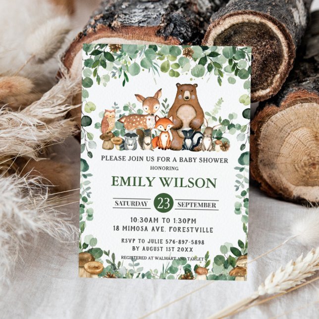 Invitation Chic Forest Greenery Baby shower d'animaux de bois (Créateur téléchargé)
