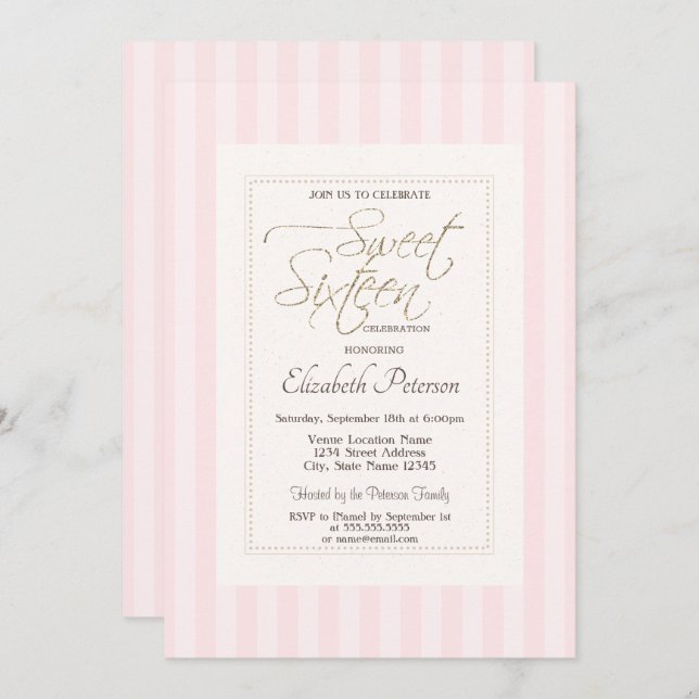 Invitation Chic Frame rose rayé Sweet 16 (Devant / Derrière)