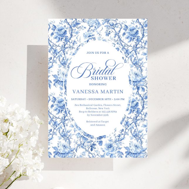 Invitation Chic French Toile de Jouy Blue Roses Bridal Shower (French Toile de Jouy Blue Roses Bridal Shower Invitation)