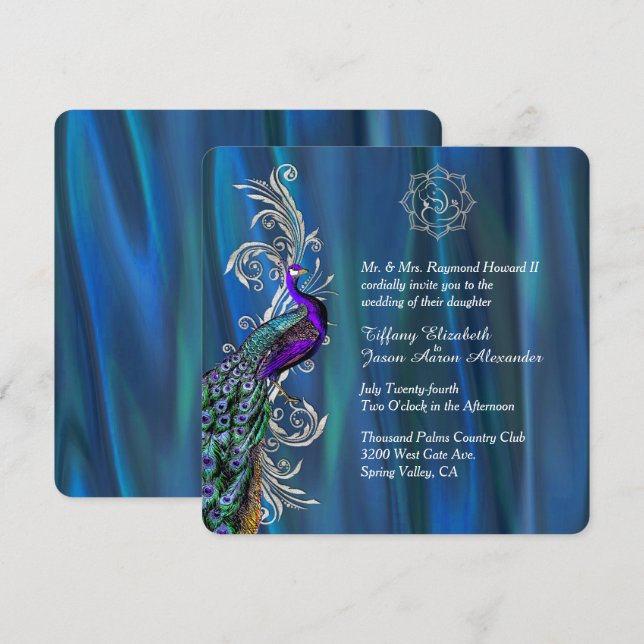 Invitation Chic Ganesha 3 Satin Bleu et Mariage Peacock  (Devant / Derrière)
