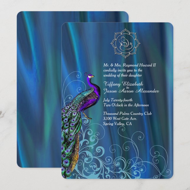 Invitation Chic Ganesha Blue Satin et Peacock Mariage Invit (Devant / Derrière)