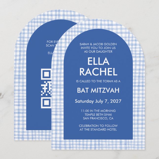 Invitation Chic Gingham Modern Custom QR Bat Bar Mitzvah Arch (Devant / Derrière)