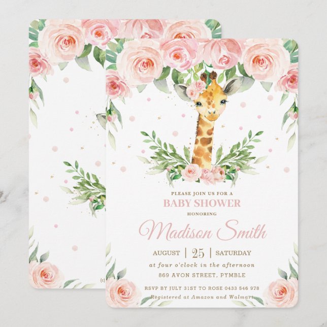 Invitation Chic Giraffe Safari Rose Blush FlorBaby shower (Devant / Derrière)