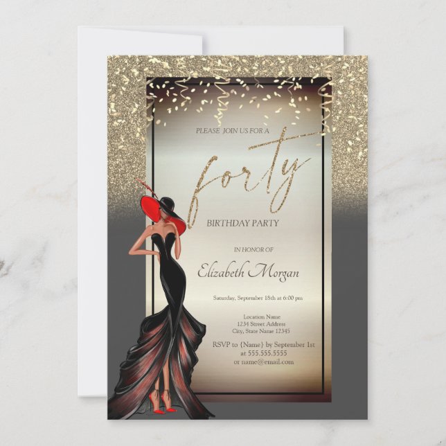 Invitation Chic Girl Parties scintillant Confetti 40e anniver (Devant)