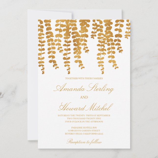 Invitation Chic glam feuille or chute lierre feuille mariage (Devant)
