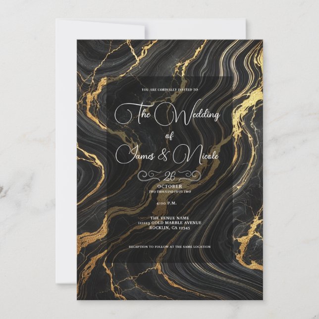 Invitation Chic Glam noir marbre or Mariage (Devant)