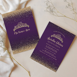 Invitation Chic Glam Purple Gold Parties scintillant Tiara Qu