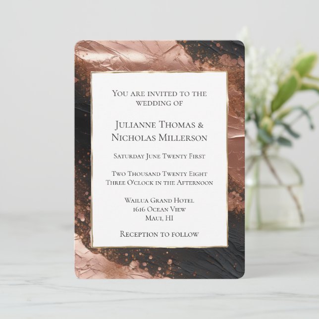 Invitation Chic Glam Rose Gold Black Abstrait Mariage (Debout devant)