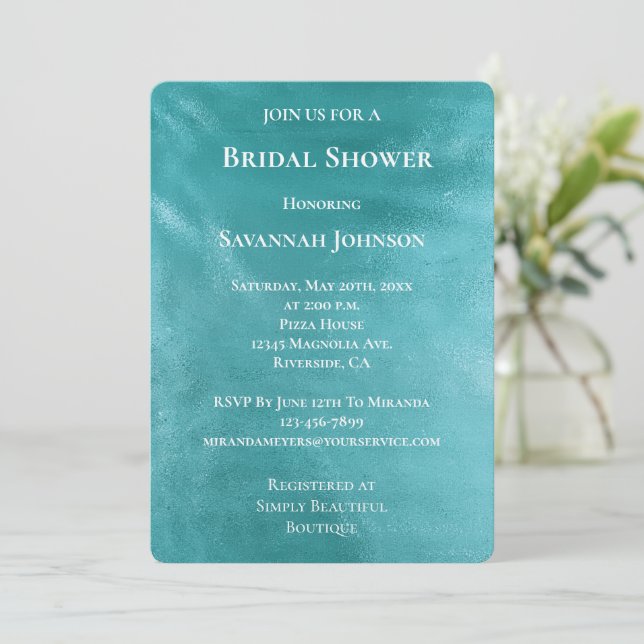 Invitation Chic Glam Turquoise Aqua Fête des mariées bleue (Debout devant)