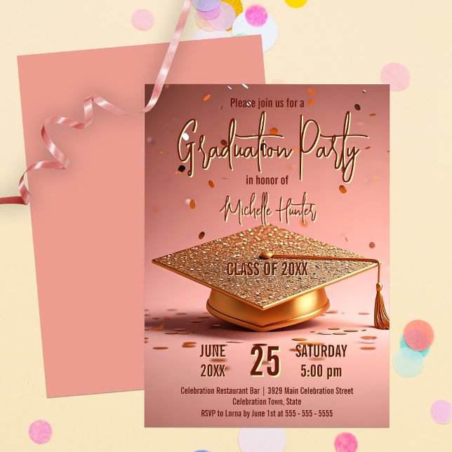 Invitation Chic Gleaming Gold Graduation Cap sur rose (Créateur téléchargé)