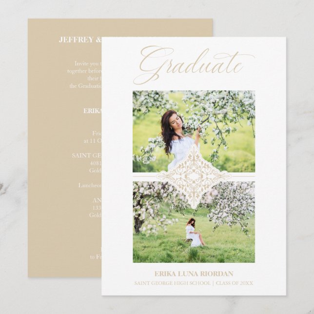 Invitation Chic Gold 2 Photos Ornament Sophisticated Graduate (Devant / Derrière)