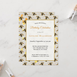 Invitation Chic Gold Bees Honeycomb Anniversaire