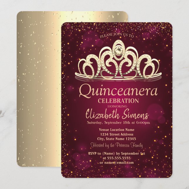 Invitation Chic Gold Confetti Tiara Burgundy Quinceañera (Devant / Derrière)