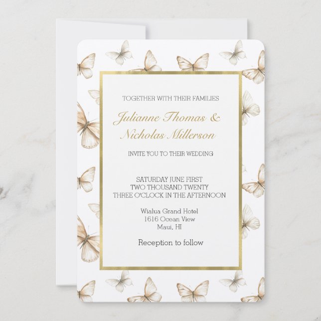 Invitation Chic Gold Cream White Butterflies Wedding   (Devant)