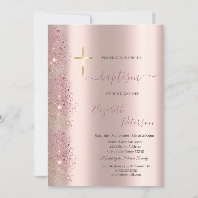 Invitation Chic Gold Cross Baptism Rose Gold Parties scintill (Devant)