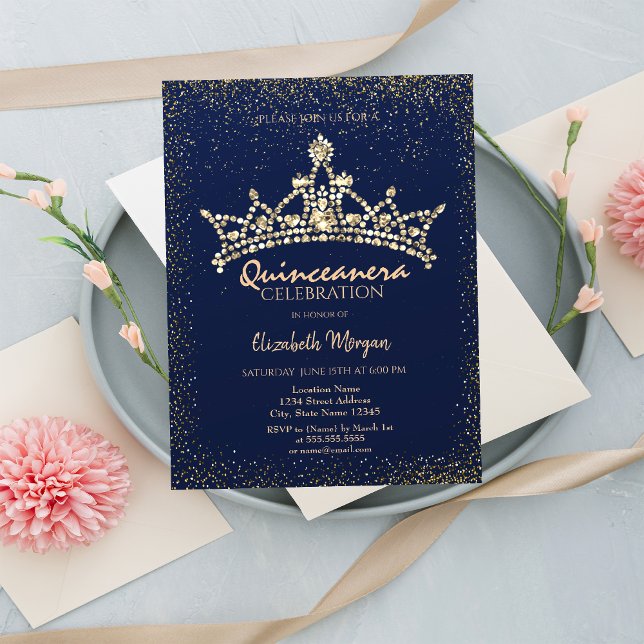 Invitation Chic Gold Diamonds Couronne Marine Bleu Quinceañer (Créateur téléchargé)