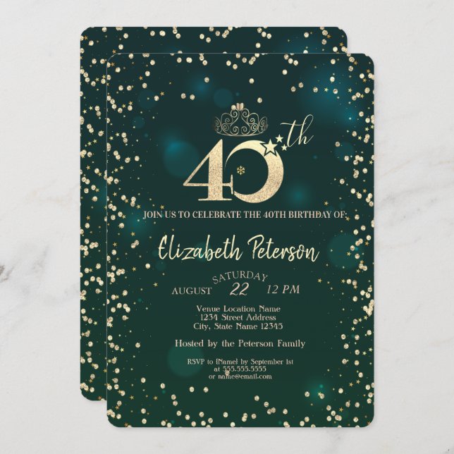 Invitation Chic Gold Diamonds Vert 40e fête d'anniversaire (Devant / Derrière)