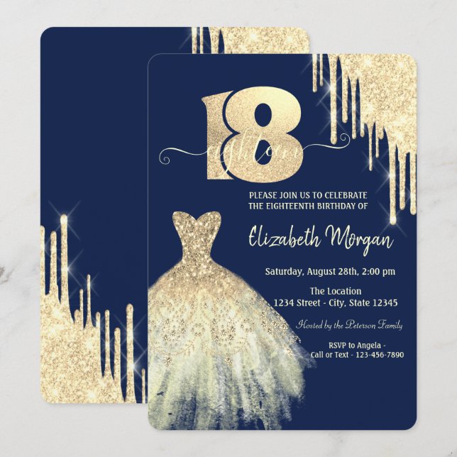 Invitation Chic Gold Drips robe bleu marine 18e anniversaire (Devant / Derrière)