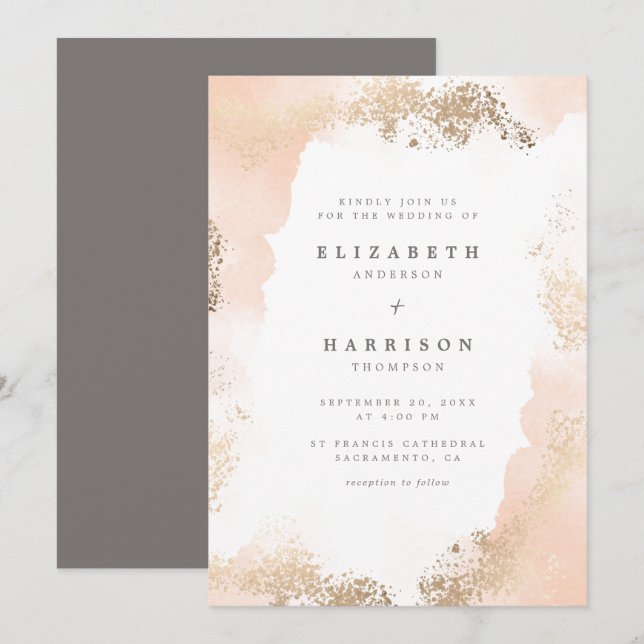 Invitation Chic Gold Dust & Blush Watercolor Mariage (Devant / Derrière)