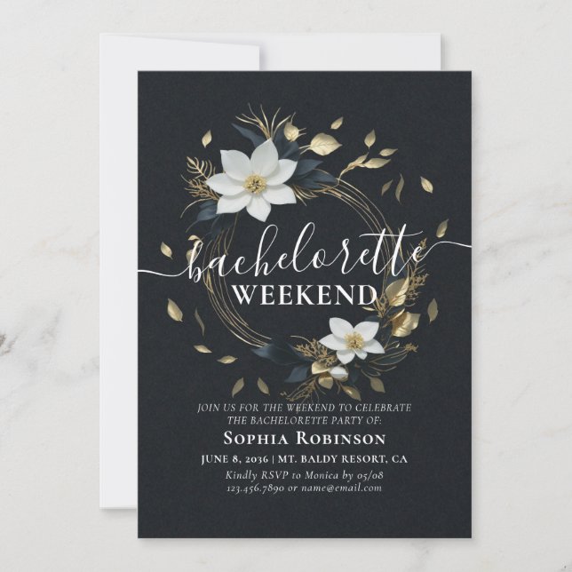 Invitation Chic Gold Floral Wreath Bachelorette Party Weeken (Devant)