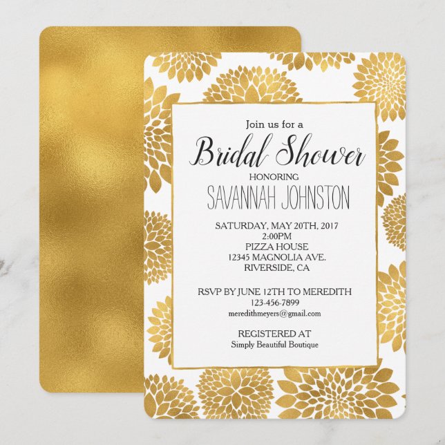 Invitation Chic Gold Flowers douche nuptiale (Devant / Derrière)
