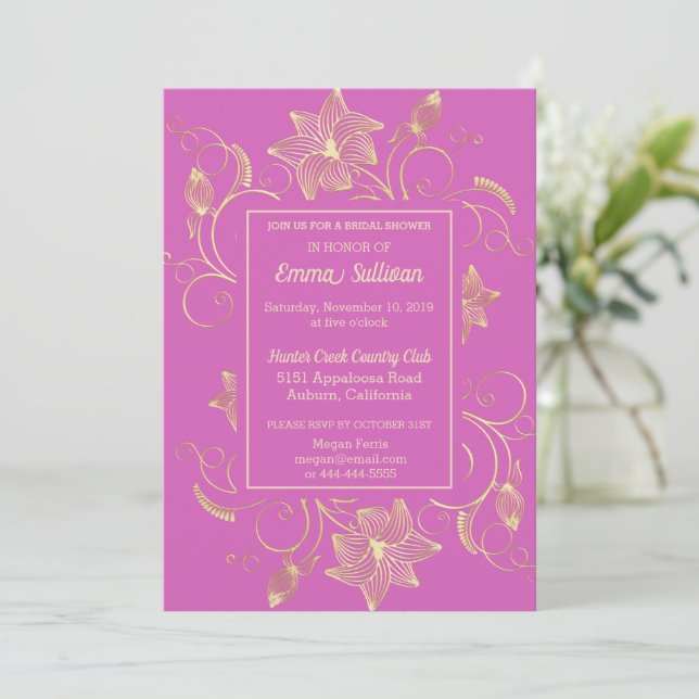 Invitation Chic Gold Flowers Douche nuptiale (Debout devant)