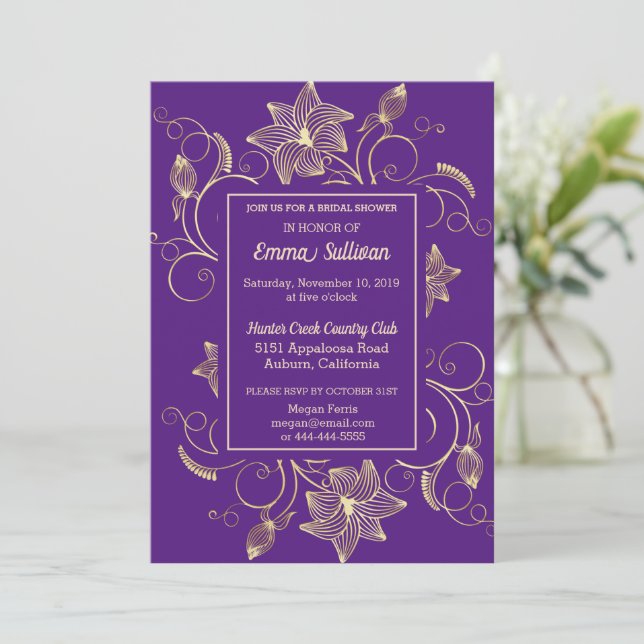 Invitation Chic Gold Flowers Douche nuptiale (Debout devant)