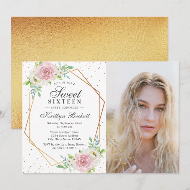 Invitation Chic Gold Foil Floral Photo Sweet 16 Anniversaire (Devant / Derrière)