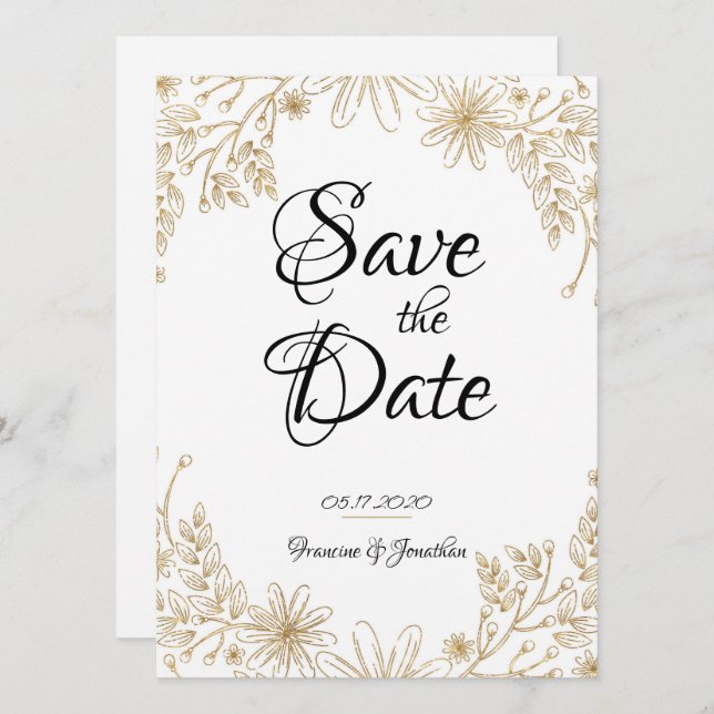 Invitation Chic Gold Foil Floral Sauvez La Date (Devant / Derrière)