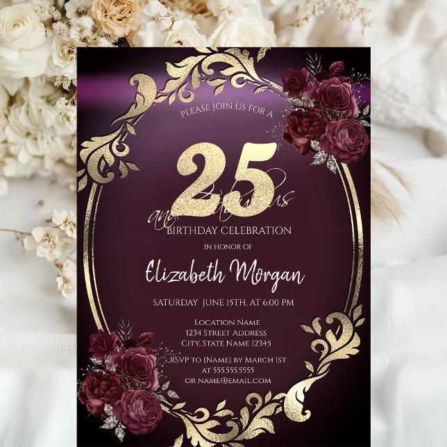 Invitation Chic Gold Frame Bourgogne Roses 25e anniversaire (Créateur téléchargé)