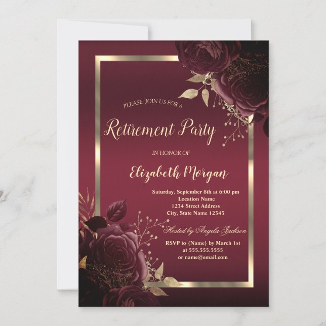 Invitation Chic Gold Frame Dark Red Roses Retirement (Devant)