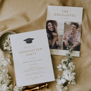 Invitation Chic Gold Grad Casquette Photo Double Graduation P