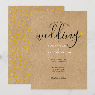 Invitation Chic Gold Heart Rustic Kraft Mariage