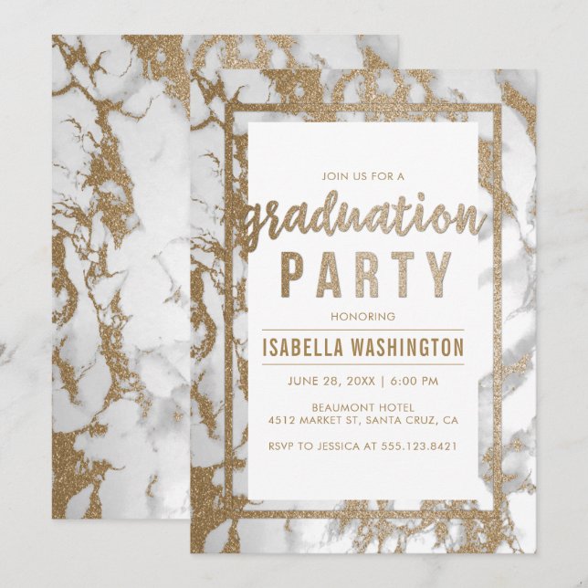 Invitation Chic Gold & Marble Typographie Partie de graduatio (Devant / Derrière)