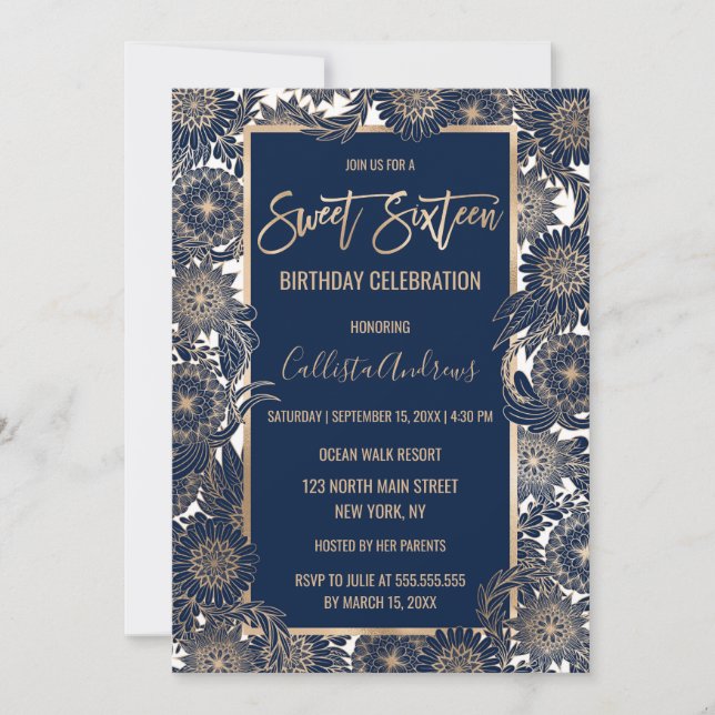 Invitation Chic Gold Navy Blue Floral Illustration Sweet 16 (Devant)