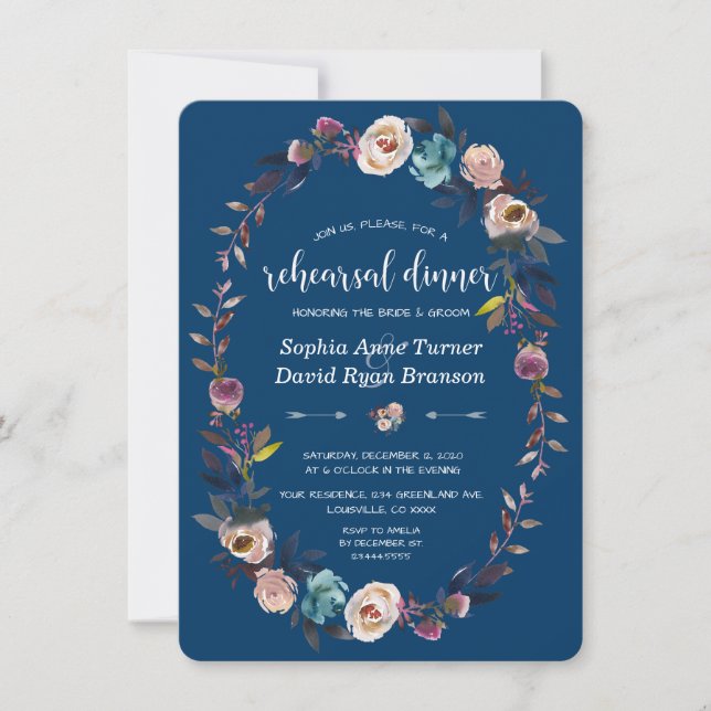 Invitation Chic Gold Navy Blue White Floral Dîner de répétiti (Devant)