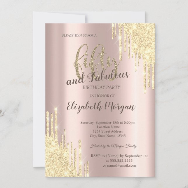 Invitation Chic Gold Parties scintillant Drips Rose Gold 50e  (Devant)