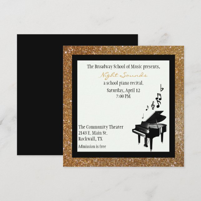 Invitation Chic Gold Parties scintillant Look Piano Considéra (Devant / Derrière)
