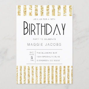 Invitation Chic Gold Parties scintillant rayures fête d'anniv