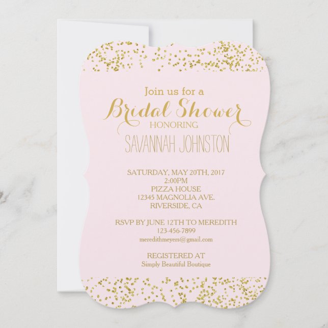 Invitation Chic Gold Rose Blush Confetti Mariée étincelante (Devant)